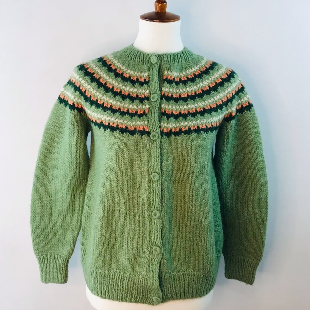 Vintage Hand Knit Fair Isle Pattern Button Front Cardigan Sweater Size M - L